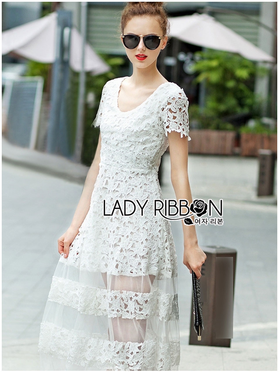 พร้อมส่ง Maxi Dress เดรสยาวผ้าลูกไม้สีขาวตัดต่อผ้าทูลล์
