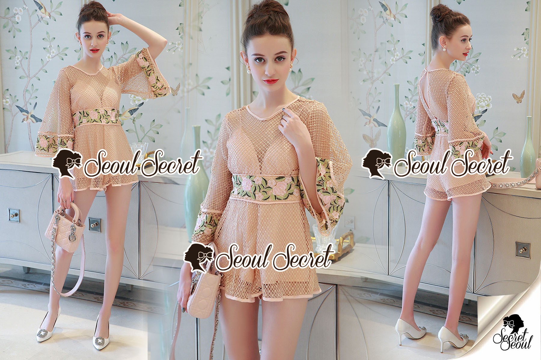 เสื้อผ้าเกาหลี พร้อมส่ง จั้มสูทกางเกง สีโอรส