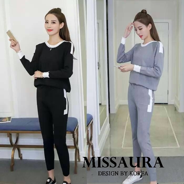 เสื้อผ้าเกาหลี พร้อมส่ง เซทไหมพรมงานสีทูโทน