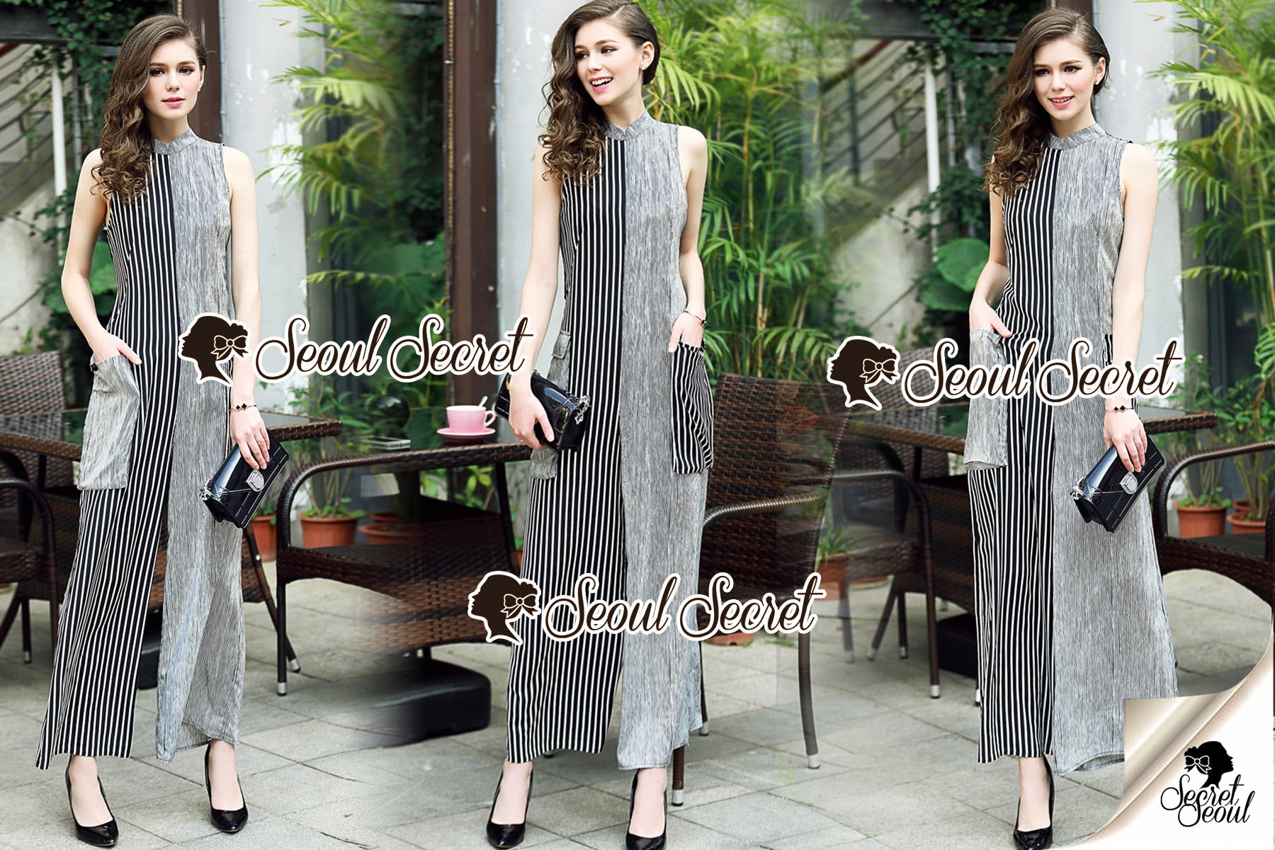 เสื้อผ้าเกาหลี พร้อมส่ง จั๊มสุท ลายริ้วสไตล์วินเทจ