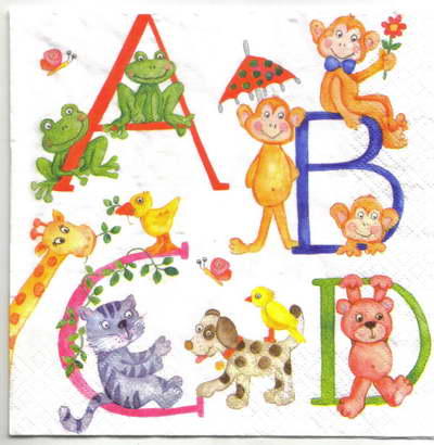 แนวภาพการ์ตูน ตัวอักษร ABC หมา แมว ลิง กบ นก หมี เป็นภาพแนวยาว กระดาษแนพกิ้นสำหรับทำงาน เดคูพาจ Decoupage Paper Napkins ขนาด 33X33cm