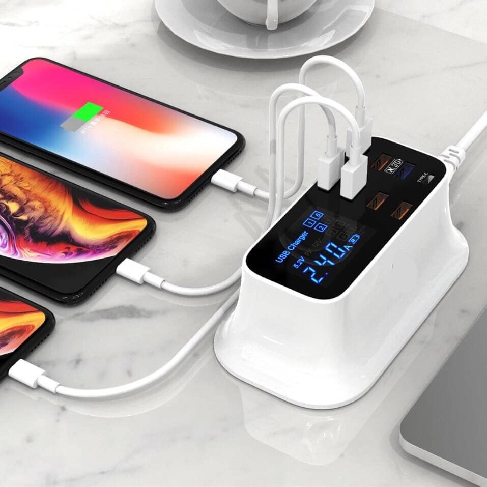 ⚡️ของแท้⚡️Quick Charge 3.0 สมาร์ท USB+Type-C 8 Port จอแสดงผล Led Fast Charging Station แท่นชาร์จ