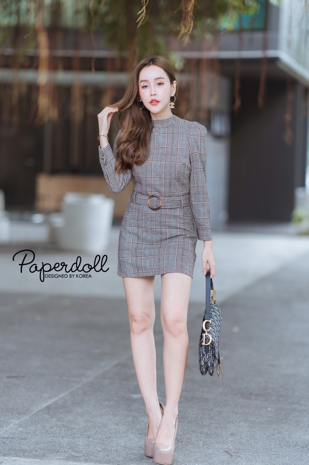 เดรสเกาหลี พร้อมส่ง เดรสผ้าวูลลายสก๊อต+เข็มขัด