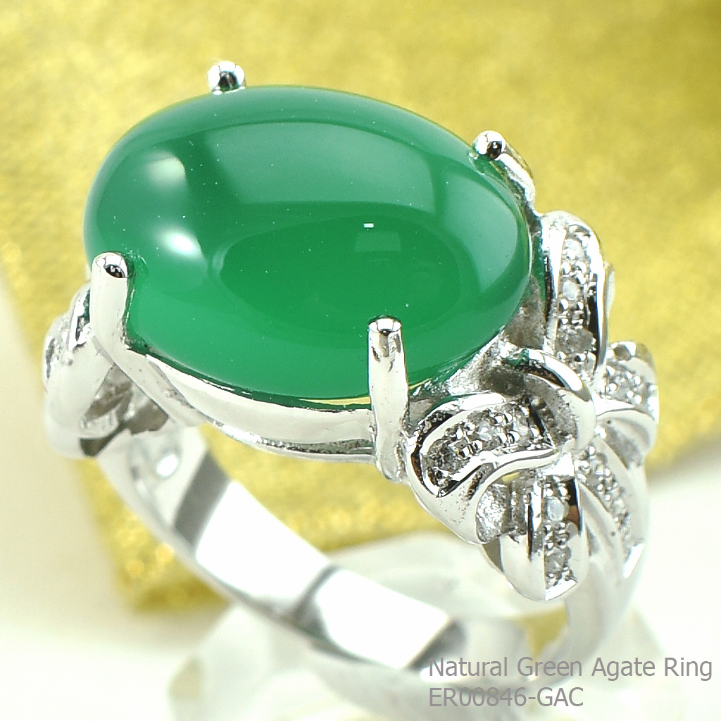 SKJewelryFactory แหวนโบว์คู่ แหวนชูหัวพลอย เจียรนัยพลอยทรงหลังเบี้ย แวววาว เหมือนมีดวงตาเพิ่ม พลอยกรีนอะเกทแท้ ER00846-GAC