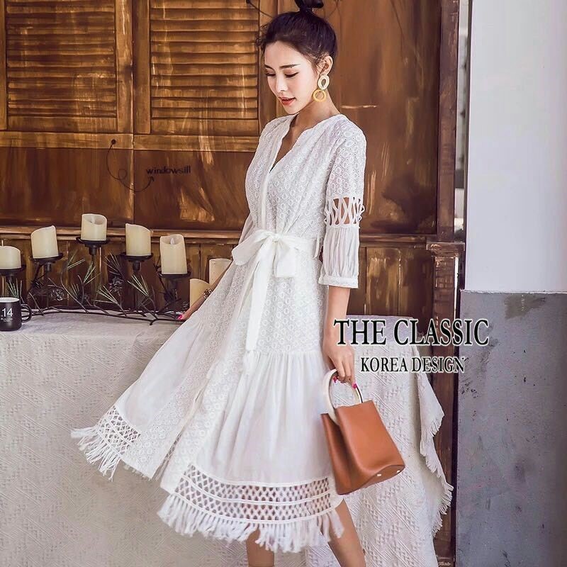 เดรสเกาหลี พร้อมส่ง เดรสทรงใหญ่ ช่วงเอวมีโบว์ผูกเอว