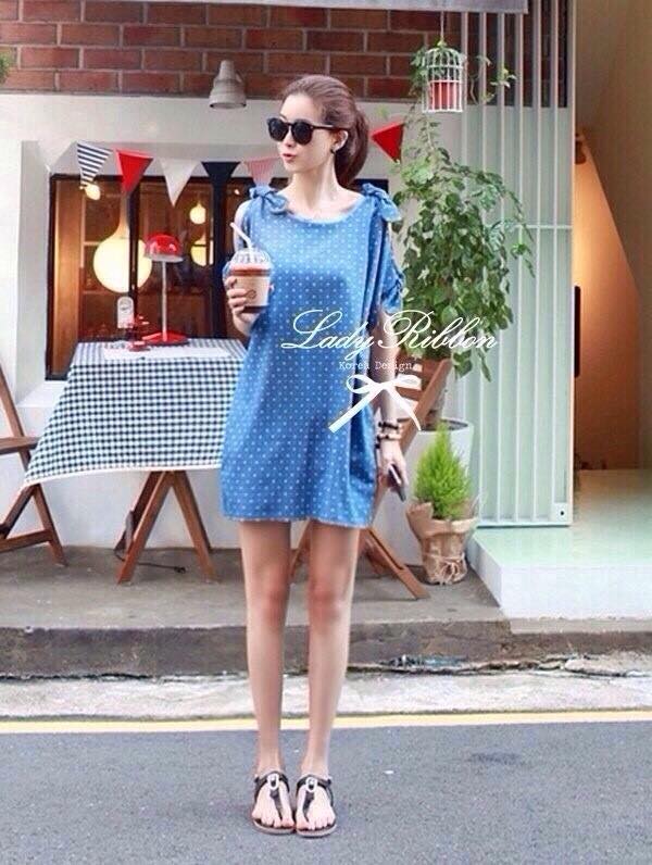 พร้อมส่ง มินิเดรสยีนส์ เปิดไหล่พิมพ์ลาย เดรสเกาหลี