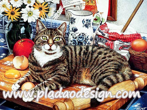 กระดาษสาพิมพ์ลาย สำหรับทำงาน เดคูพาจ Decoupage แนวภาำพ เจ้าแมวตัวป่วนจอมยุ่ง เข้าไปกวนเจ้าของ นอนบนเขียงที่นวดแป้งทำขนม