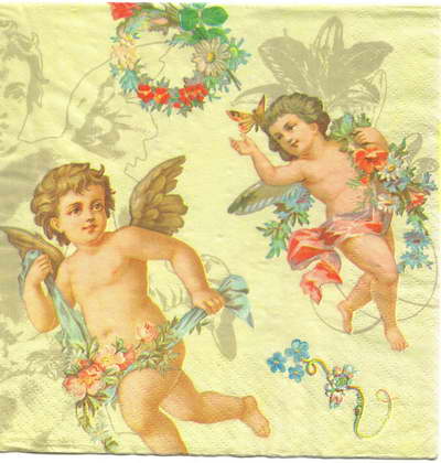 แนวภาพกามเทพ Cupid ถือพวงดอกไม้ วิ่งเล่น เป็นภาพบล็อค 4 กระดาษแนพกิ้นสำหรับทำงาน เดคูพาจ Decoupage Paper Napkins ขนาด 33X33cm