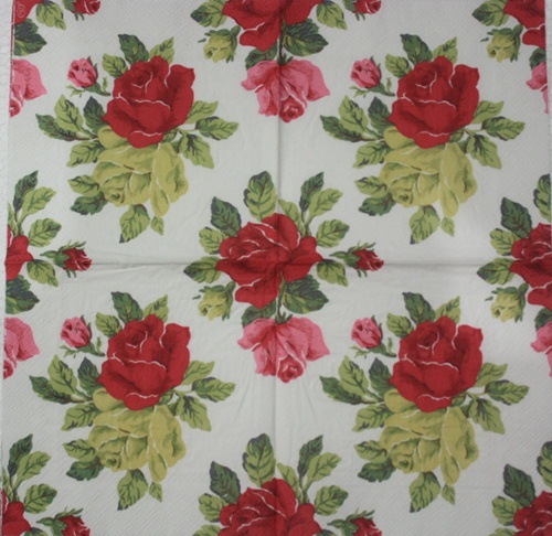 แนวภาพดอกไม้ เป็นช่อดอกกุหลาบแดงเขียว พื้นขาว Cath Kidston เป็นภาพเต็มแผ่น กระดาษแนพกิ้นสำหรับทำงาน เดคูพาจ Decoupage Paper Napkins ขนาด 33X33cm