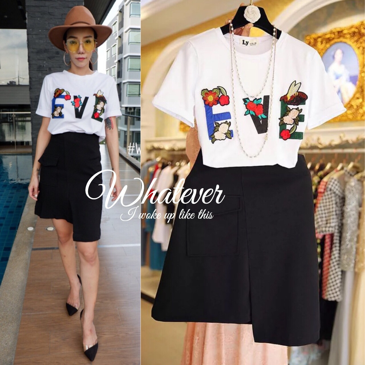 เสื้อผ้าเกาหลี พร้อมส่ง เสื้อยืดสีขาว กับ กระโปรง