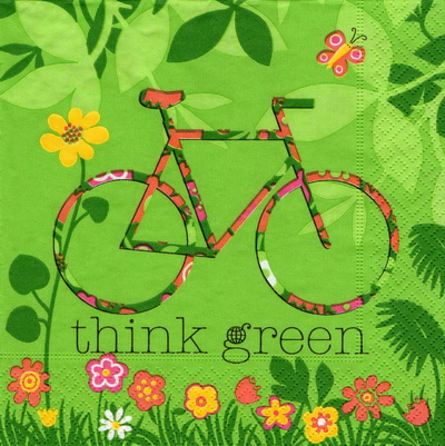 แนวภาพศิลปะ จักรยานกับดอกไม้ Think Green ภาพโทนสีเขียว เป็นภาพ 4 บล๊อค กระดาษแนพกิ้นสำหรับทำงาน เดคูพาจ Decoupage Paper Napkins ขนาด 33X33cm