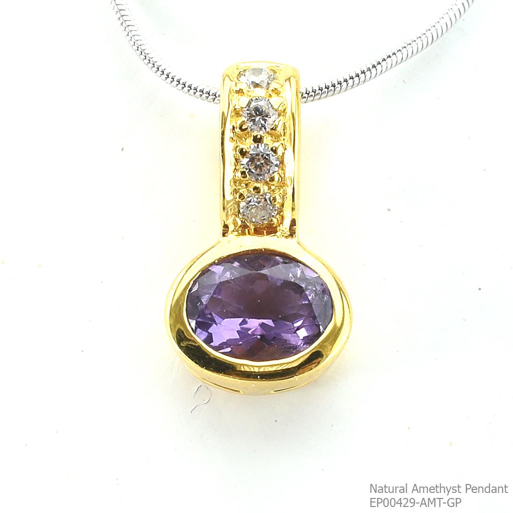 SKJewelryFactory จีพลอยแอมิทิสต์แท้และเพชร จี้เงินแท้ พลอยแอมิทิสต์แท้ ชุบทอง 1 ไมครอน EP00429-AMT-GP