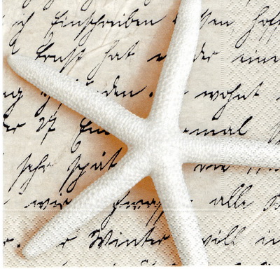 แนวภาพทะเล ปลาดาว Starfish บนพื้นตัวอักษร เป็นภาพบล็อค 4 กระดาษแนพกิ้นสำหรับทำงาน เดคูพาจ Decoupage Paper Napkins ขนาด 33X33cm