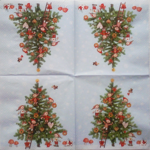 แนวภาพคริสต์มาส เด็กน้อยตกแต่งต้น Christmas เป็นภาพบล็อค 4 กระดาษแนพกิ้นสำหรับทำงาน เดคูพาจ Decoupage Paper Napkins ขนาด 33X33cm