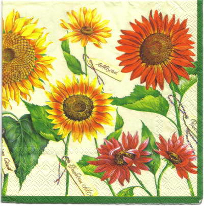 แนวภาพดอกไม้ ดอกทานตะวัน เหลืองแดง Sunflower เป็นภาพครึ่งแผ่น กระดาษแนพกิ้นสำหรับทำงาน เดคูพาจ Decoupage Paper Napkins ขนาด 33X33cm