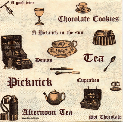 แนวภาพ วินเทจ Afternoon Tea ชุดน้ำชายามบ่าย เค้ก คุกกี้ ช็อคโกแล็ต เป็นภาพบล็อค 4 กระดาษแนพกิ้นสำหรับทำงาน เดคูพาจ Decoupage Paper Napkins ขนาด 33X33cm