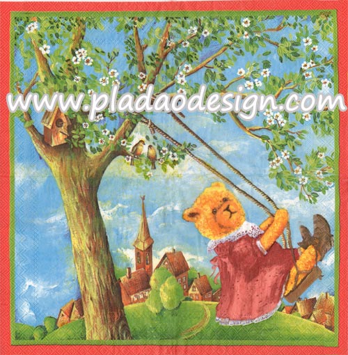 กระดาษสาพิมพ์ลาย สำหรับทำงาน เดคูพาจ Decoupage แนวภาพ หมี Teddy หมีสาว กระโปรงชมพู นั่งชิงช้าใต้ต้นไม้ ทุ่งหญ้าเขียว