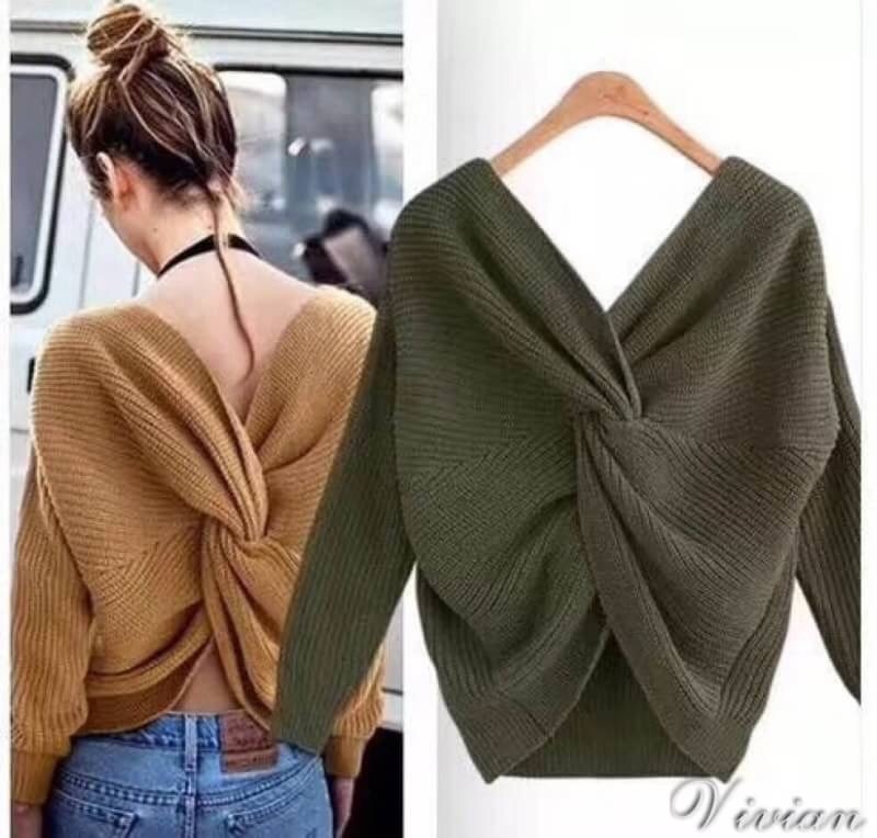 เสื้อเกาหลี พร้อมส่ง เสื้อไหมพรมถักไขว้ ใส่ได้2ด้าน