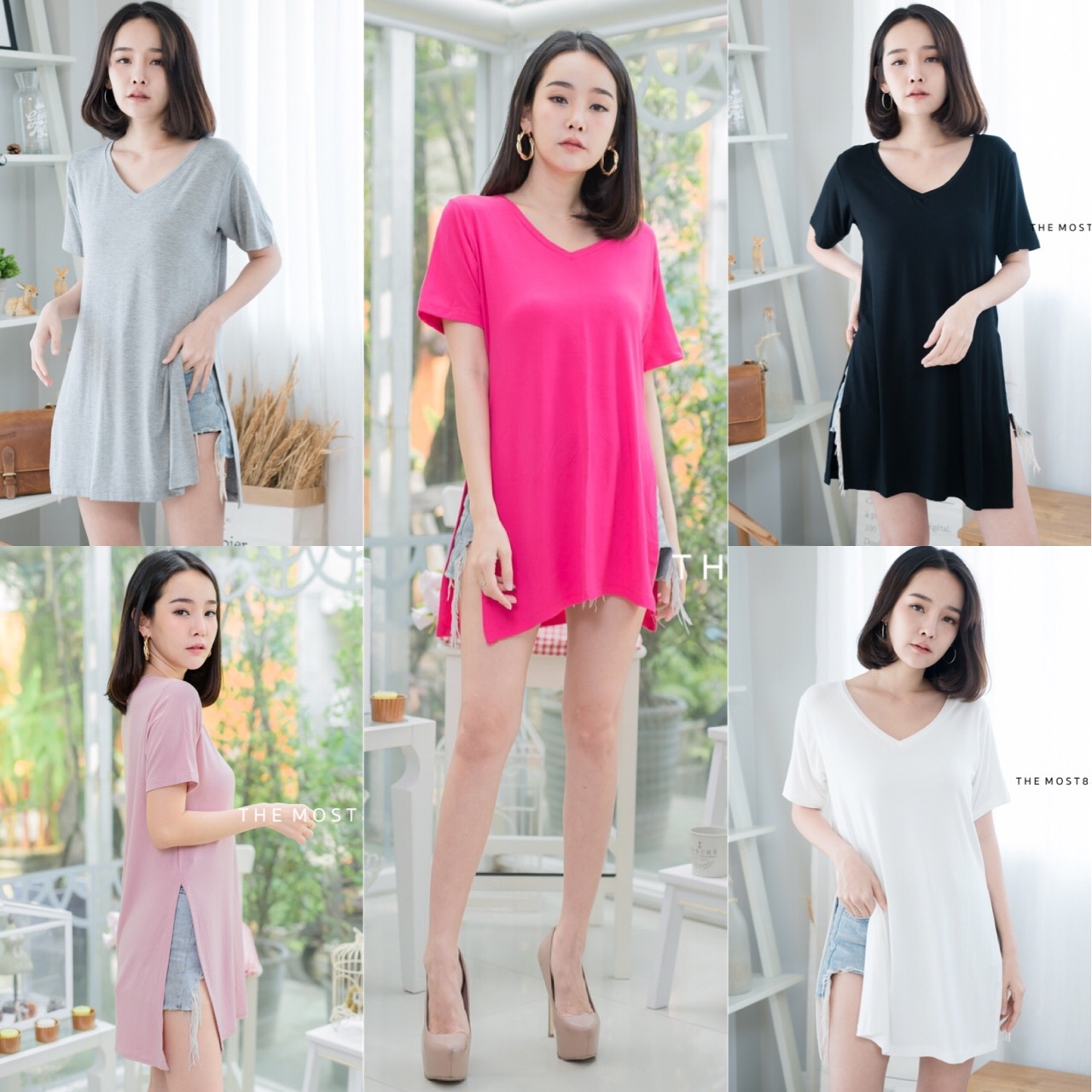 เสื้อเกาหลี พร้อมส่ง เสื้อยืด แขนสั้นผ่าข้าง
