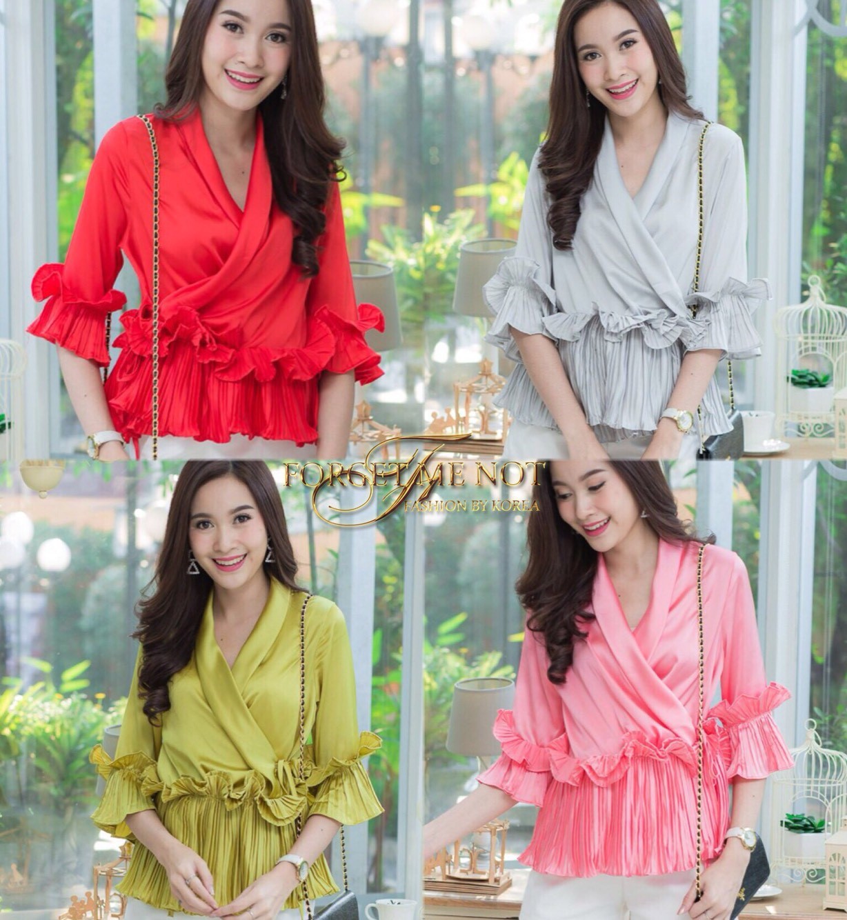 เสื้อเกาหลี พร้อมส่ง เสื้อคอวี ป้ายอก แขนศอก