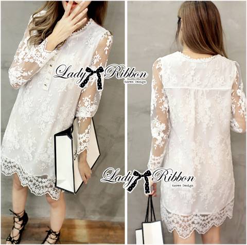 พร้อมส่ง เดรสผ้าลูกไม้สีขาวติดกระดุมสุดหวาน