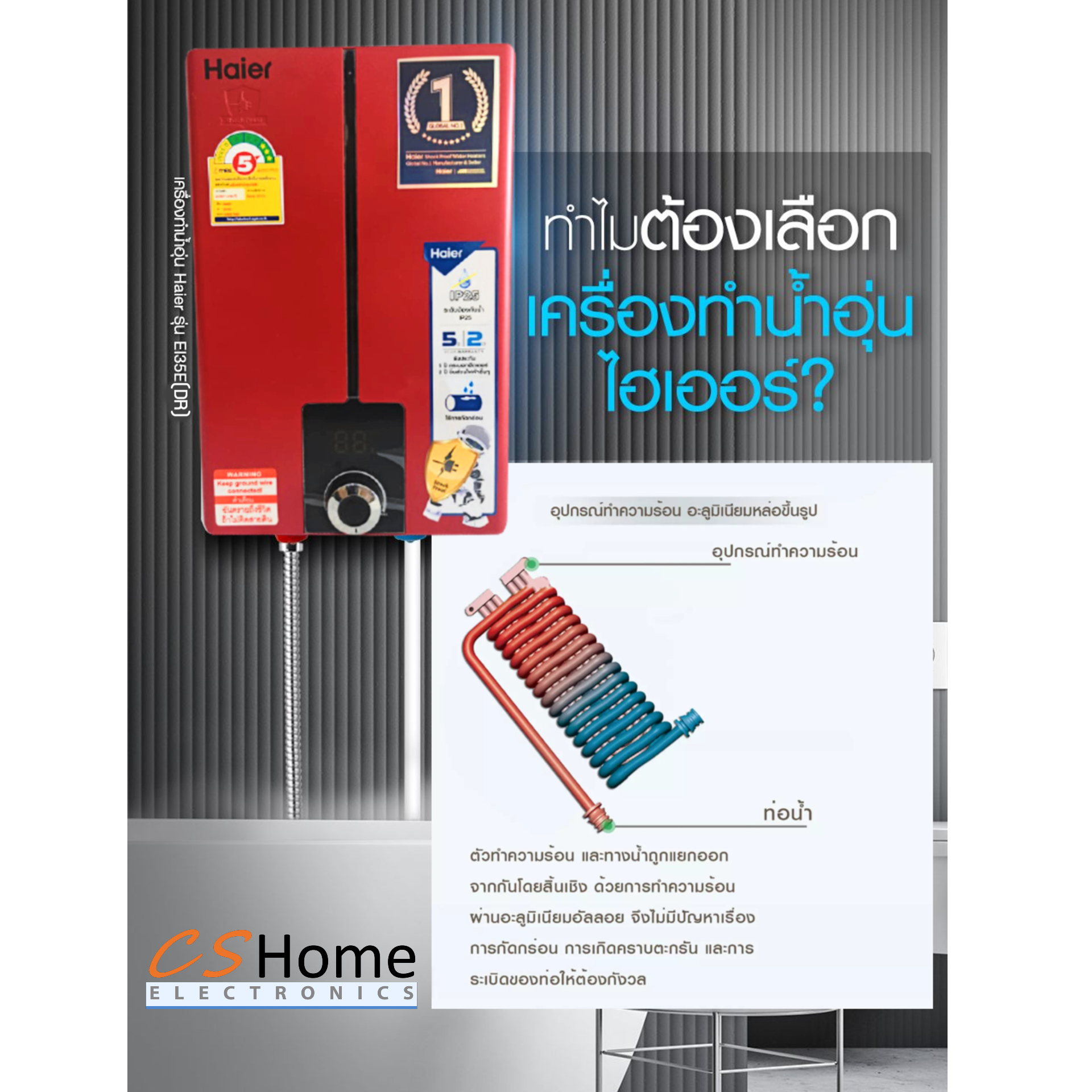 Haier เครื่องทำน้ำอุ่น 3,500 วัตต์ รุ่น EI35E(R)สีแดง 3,500W ระบบตัดไฟทันทีเมื่อมีไฟฟ้ารั่ว รับประกันตัวเครื่อง 2 ปี ฮีตเตอร์ 5ปี CS HOME