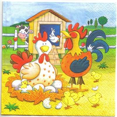 แนวภาพการ์ตูน พ่อไก่ แม่ไก่ กกไข่ ในฟาร์ม เป็นภาพบล็อค 4 กระดาษแนพกิ้นสำหรับทำงาน เดคูพาจ Decoupage Paper Napkins ขนาด 33X33cm