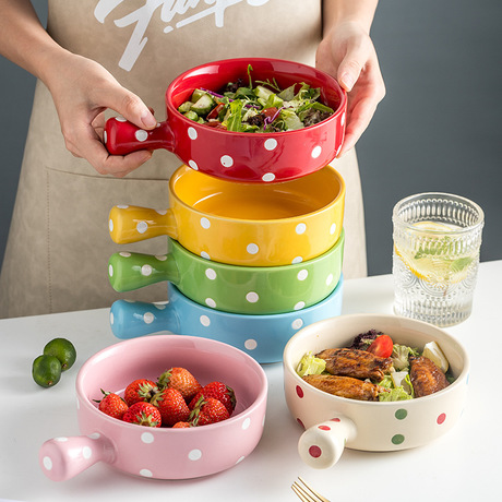 Pre-Order ชามขนม ชามก๋วยเตี๋ยว ชามเซรามิค แบบมีด้าม ลายจุด Polka Dot น่ารักๆ มีให้เลือก 6 สี