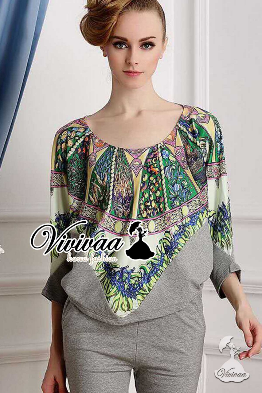 พร้อมส่ง เสื้อทรงแขนสามส่วนคอปาด เสื้อผ้าเกาหลี