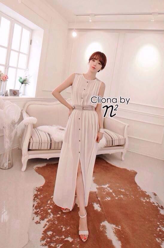 พร้อมส่ง เดรสยาว แขนกุด 2 สี ดีไซกระดุมหน้า มีเข็มขัด