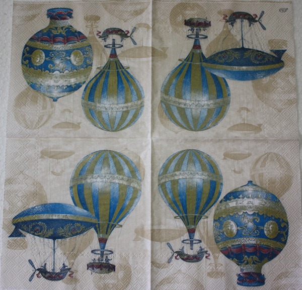 แนวภาพศิลปะ ภาพวาดบอลลูนลายแต่งสีฟ้า ภาพโทนสีครีม เป็นภาพ 4 บล๊อค กระดาษแนพกิ้นสำหรับทำงาน เดคูพาจ Decoupage Paper Napkins ขนาด 33X33cm