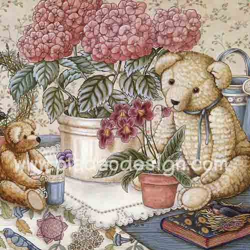 กระดาษสาพิมพ์ลาย สำหรับทำงาน เดคูพาจ Rice Paper Decoupage แนวภาพ หมี เท็ดดี้ แบร์ Teddy Bear นั่งข้างกระถางดอกไฮเดนเยีย (Pladao design)