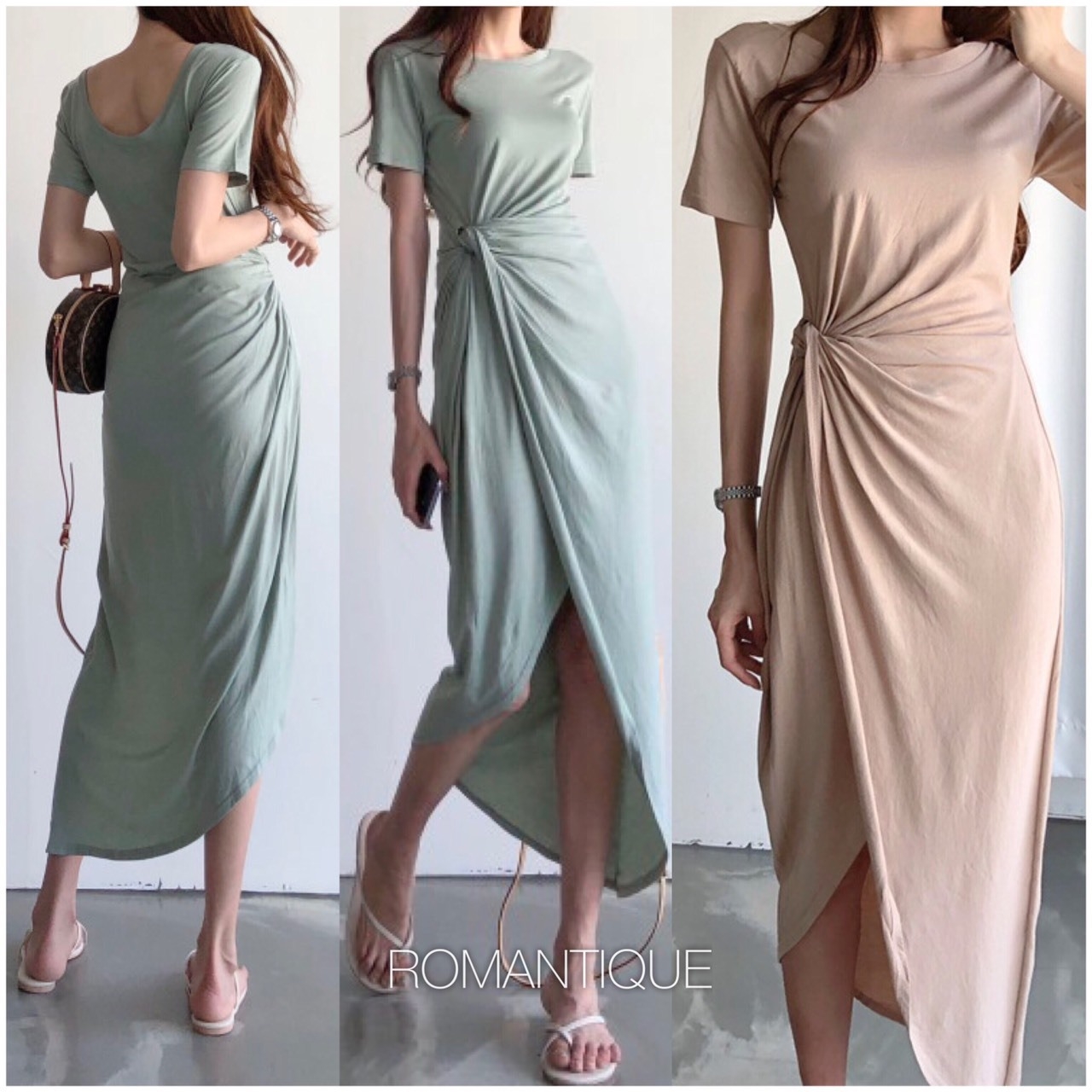 ชุดเดรสเกาหลี พร้อมส่ง เดรสผ้ายืด เอวแต่งพันเกลียว