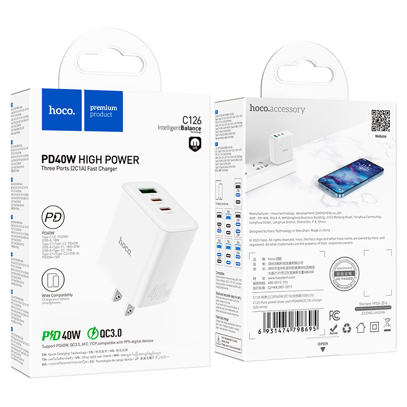 หัวชาร์จเร็ว Hoco Wall charger “C126 Pure power” 40W PD20W + QC3.0