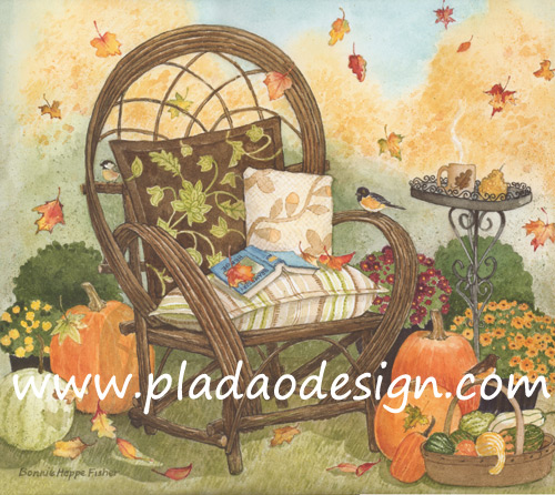 กระดาษสาพิมพ์ลาย สำหรับทำงาน เดคูพาจ Decoupage แนวภาำพ ภาพวาดเก้าอี้หวายสำหรับนอนอ่านนิยายจิบน้ำชายามบ่ายพร้อมชมวิว ตั้งอยู่ในสวนฟัทอง (ปลาดาวดีไซน์)