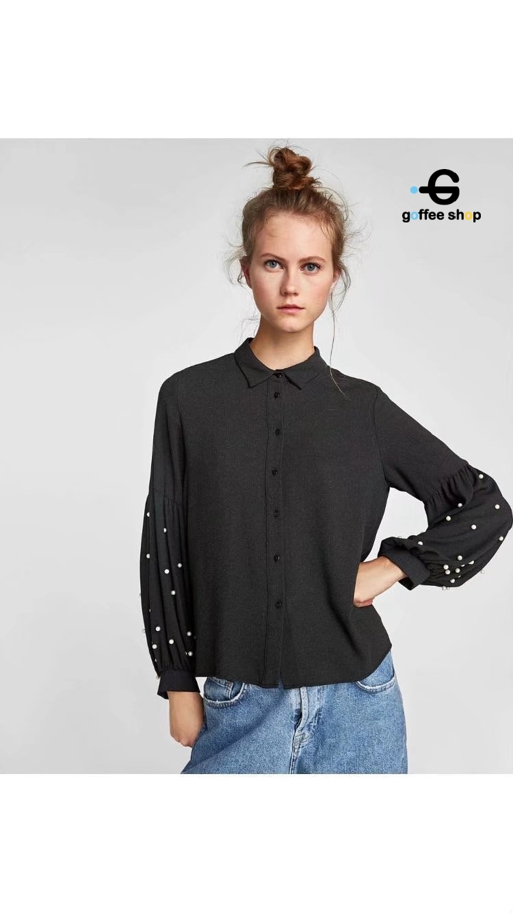 เสื้อผ้าเกาหลี พร้อมส่ง Shirt แขนบอลลูนปักมุก