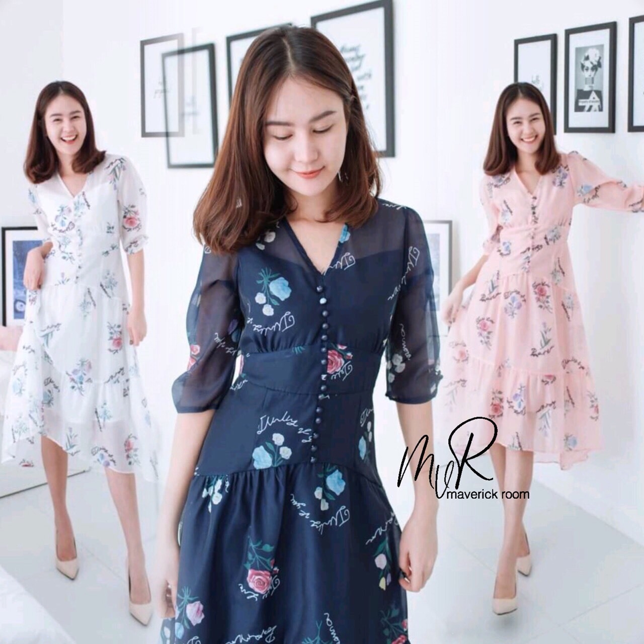 ชุดเดรสเกาหลี พร้อมส่ง เดรสยาว แขนศอกพองนิดๆ