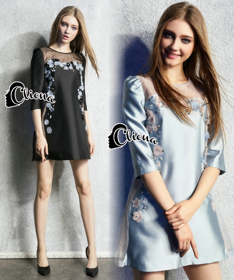 พร้อมส่ง mini dress แขนห้าส่วนทรงปล่อย