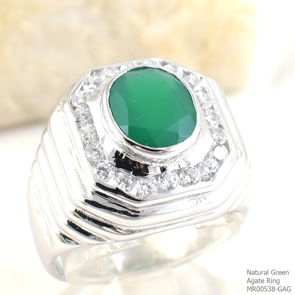 SKJewelryFactory แหวนชายล้อมเพชร พลอยกรีนอะเกทแท้ MR00538-GAG