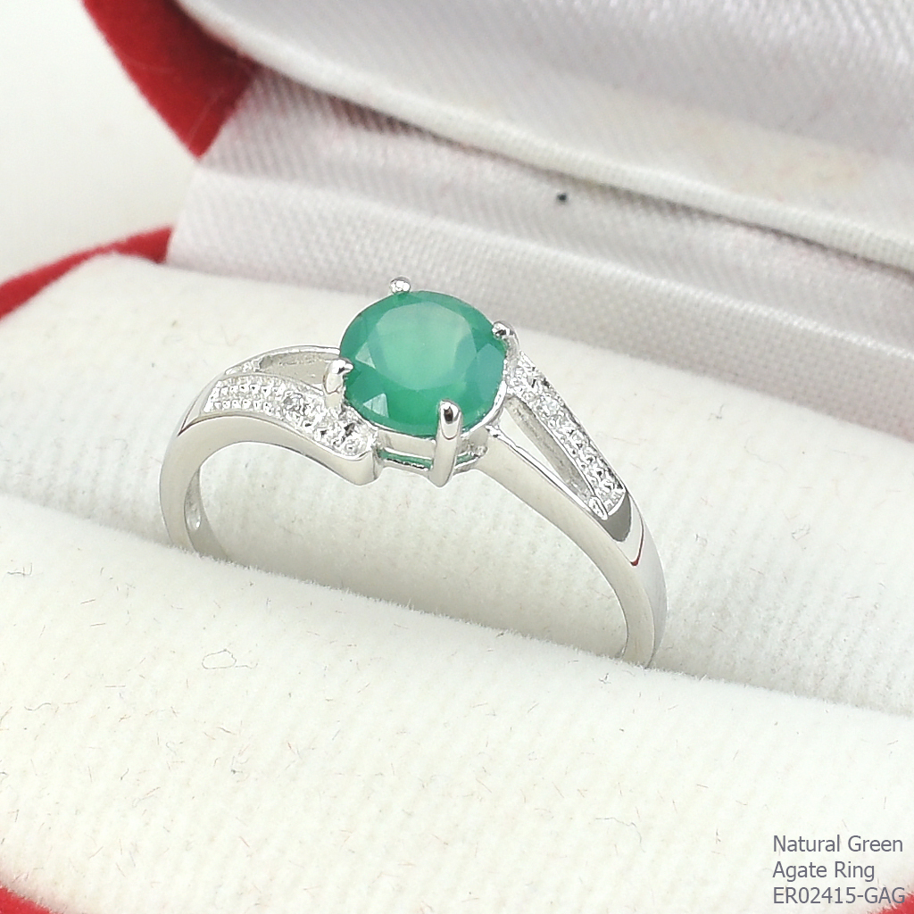 SKJewelryFactory แหวนพลอยกลม แหวนเงินแท้ 92.5% ฝังพลอยกรีนอะเกทแท้ ER02415-GAG