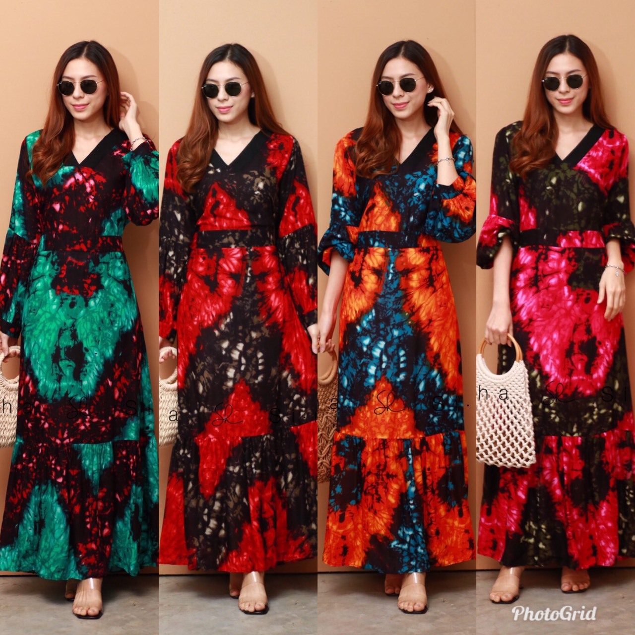 เดรสเกาหลี พร้อมส่ง Maxi dress ปริ้นลาย มัดย้อมหลากสี