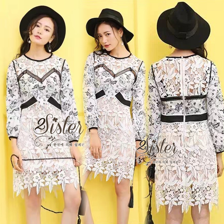 เดรสเกาหลี พร้อมส่ง เดรสสั้น แต่งผ้าลูกไม้กับผ้าchiffon