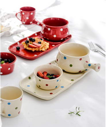 Pre-Order ชามทรงหม้อ ชามมาม่า ซุป ก๋วยเตี๋ยว พร้อมถาดรอง ใส่ขนมได้ ลายจุด Polka Dot น่ารักๆ มีให้เลือก 6 สี