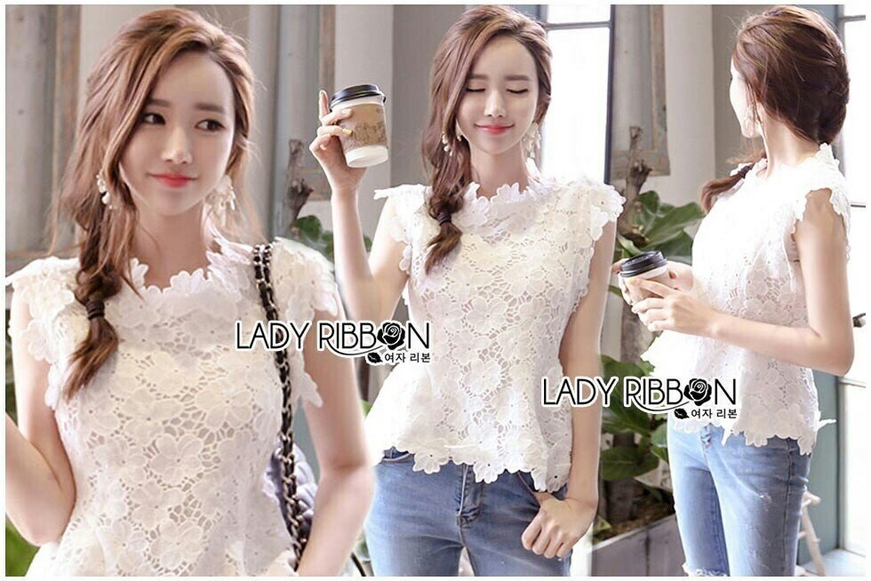 เสื้อเกาหลี พร้อมส่ง เสื้อแขนกุด คอสูงผ้าลูกไม้