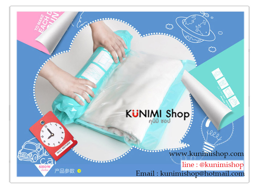  ถุงสูญญากาศ แบบมือม้วน โดยไม่ต้องใช้กระบอกสูบ หรือเครื่องดูดฝุ่น สำหรับเก็บใส่เสื้อผ้า หรือของใช้ต่างๆ สำหรับพกพาเดินทาง และป้องกันฝุ่น เชื่อโรค กลิ่นเหม็นอับ *** รุ่นนี้เก็บสูญญากาศได้ไม่นานนะครับ(ประมาณ5-7วัน) เน้นพกพาเดินทางท่องเที่ยว *** มี 3 ขนาดให้เลือก แบบที่ 1 ขนาด 35 x 50 ซม. แบบที่ 2 ขนาด 40 x 60 ซม. แบบที่ 3 ขนาด 50 x 70 ซม.