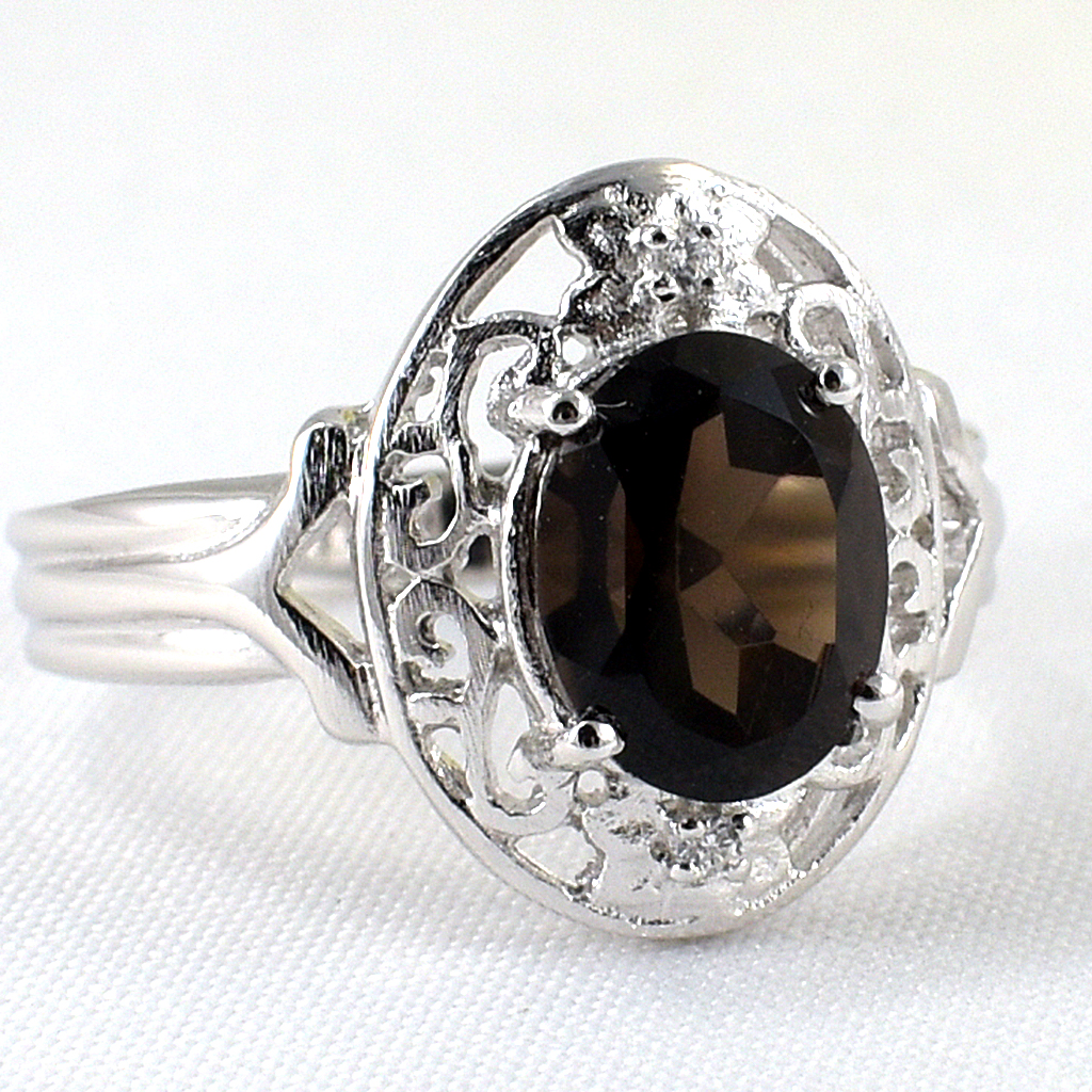 SKJewelryfactory แหวนเงินแท้ 92.5% ฝังพลอยสโมกกี้ควอทซ์แท้ ER01760-SMQ