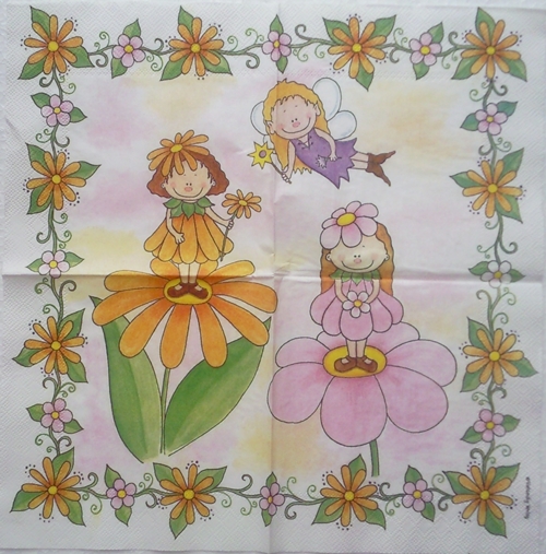 แนวภาพการ์ตูน Fairy น้อย กับดอกไม้ เป็นภาพเต็มแผ่น กระดาษแนพกิ้นสำหรับทำงาน เดคูพาจ Decoupage Paper Napkins ขนาด 33X33cm