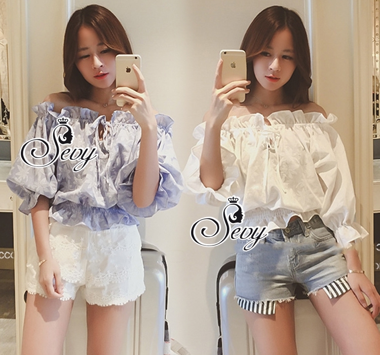 พร้อมส่ง เสื้อแฟชั่น เสื้อคอปาดไหล่จับสท้อคไหล่