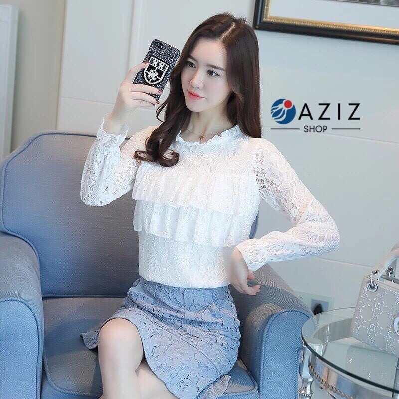 เสื้อเกาหลี พร้อมส่ง เสื้อคอปีน ผ้าลูกไม้ระบายชั้นๆ