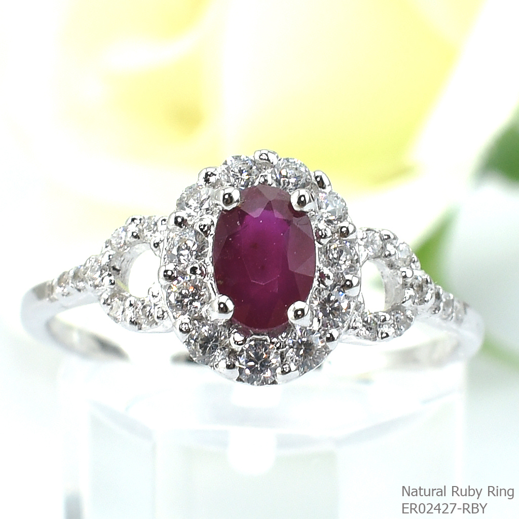 SKJewelryfactory แหวนเงินแท้ 92.5% ฝังพลอยทับทิมแท้ สไตล์หรูหรา ER02427-RBY